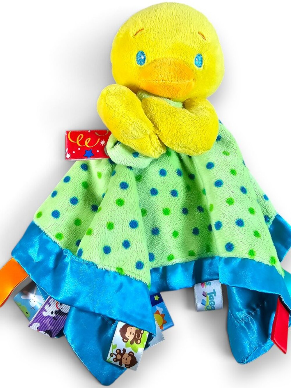 Taggies Duck Baby Lovey Security Blanket Plush Polka Dot Blue Satin Trim *FLAW